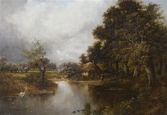 R. Dumont, oil on canvas, river scene, signed 30 x 40cm. unframed.